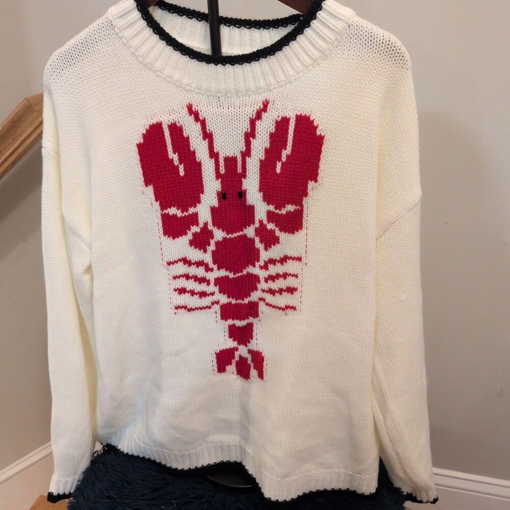 Vintage Coastal Cream Knit Lobster Sweater Crewneck Black Trim Casual Boathouse